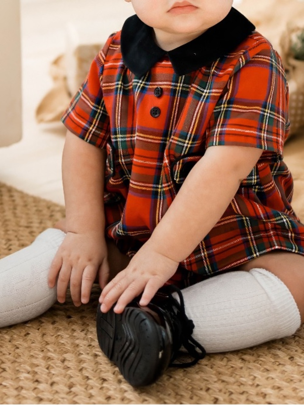 LULI & ME Red Plaid and Velvet Christmas Plaid Bubble size 6 months